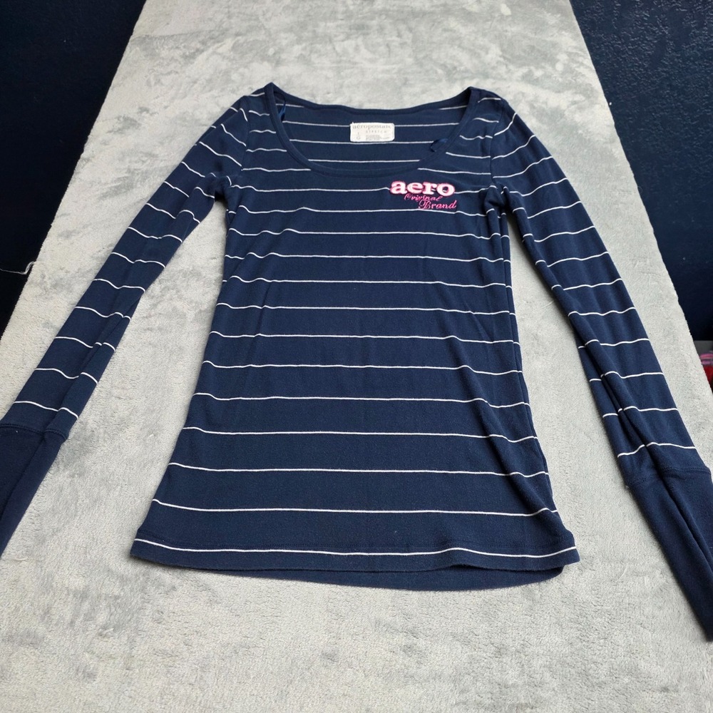 Aeropostale Y2K 2010 Long-Sleeve Graphic Shirt Womens/Jr Sz Lg-Pink/Blue/Striped